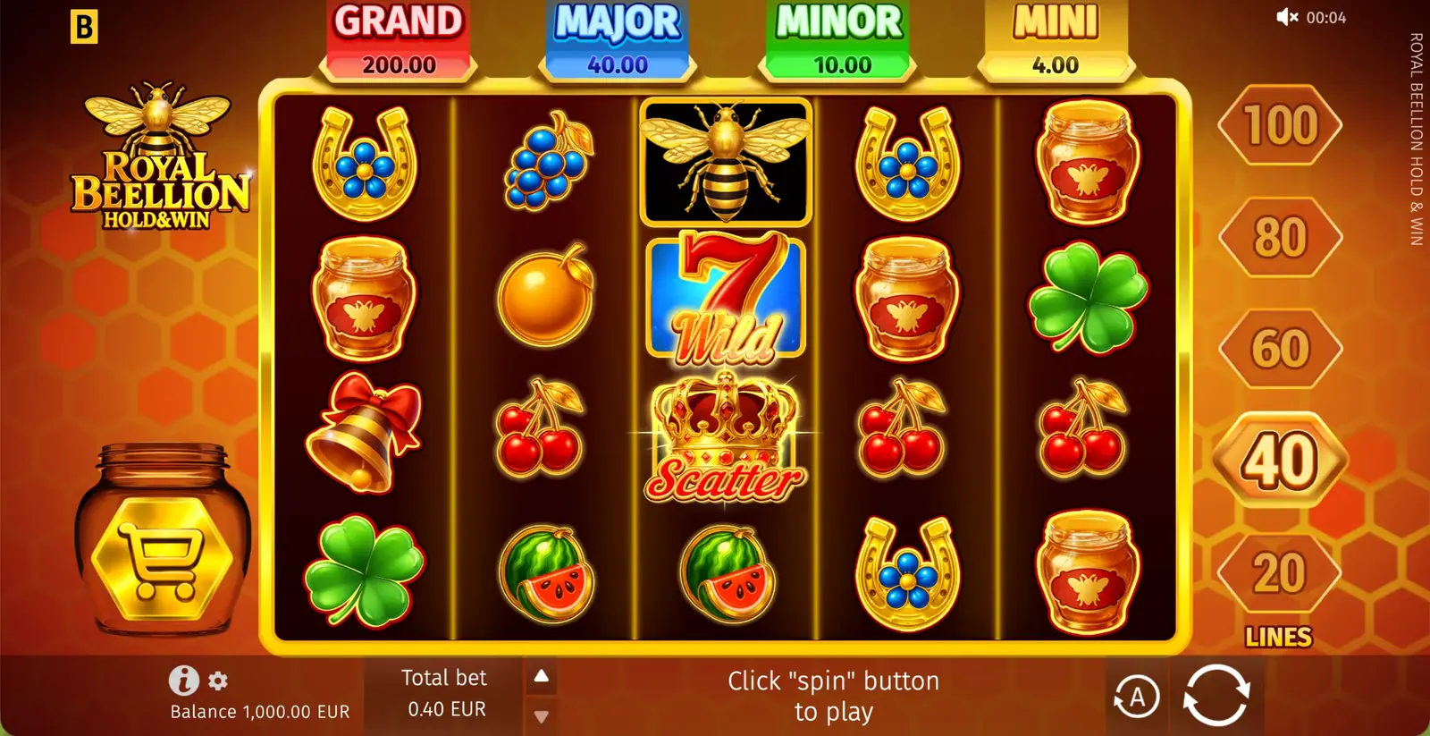 Basisspel-rooster van Royal Beellion Hold and Win met het symboolset van de bijenkoningin en honingraatmotief