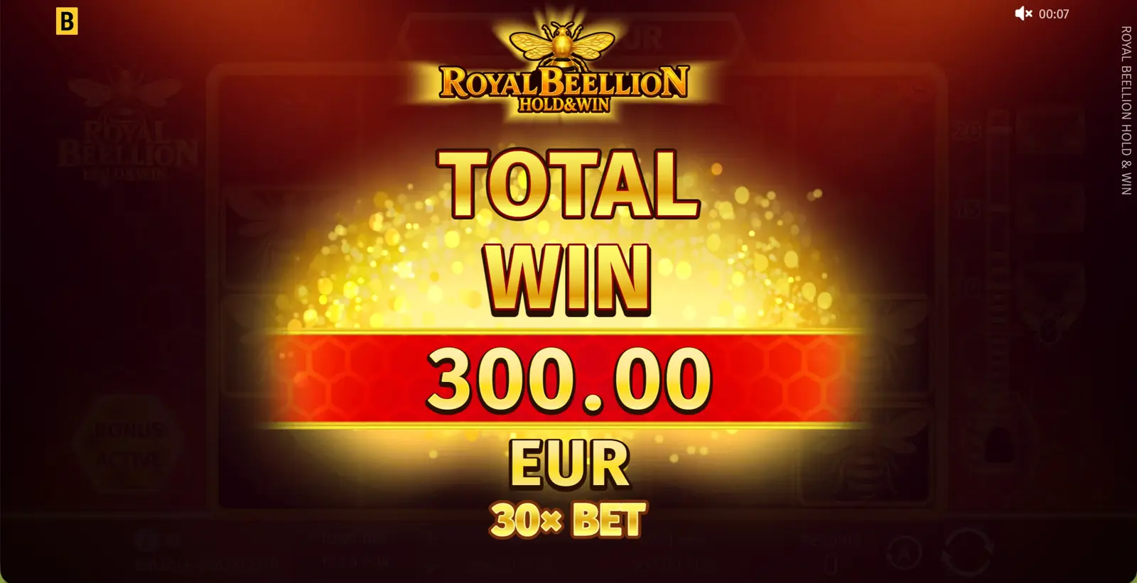 Totale winst-scherm van Royal Beellion Hold and Win met een uitbetaling van 300 EUR, 30x de inzet