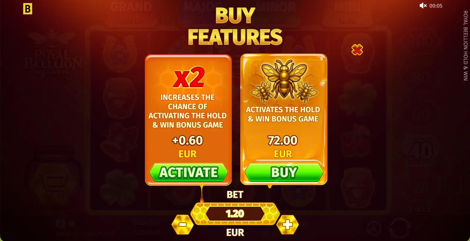 Aankoopscherm voor Buy Bonus bij Royal Beellion Hold and Win met de Chance x2-optie zichtbaar